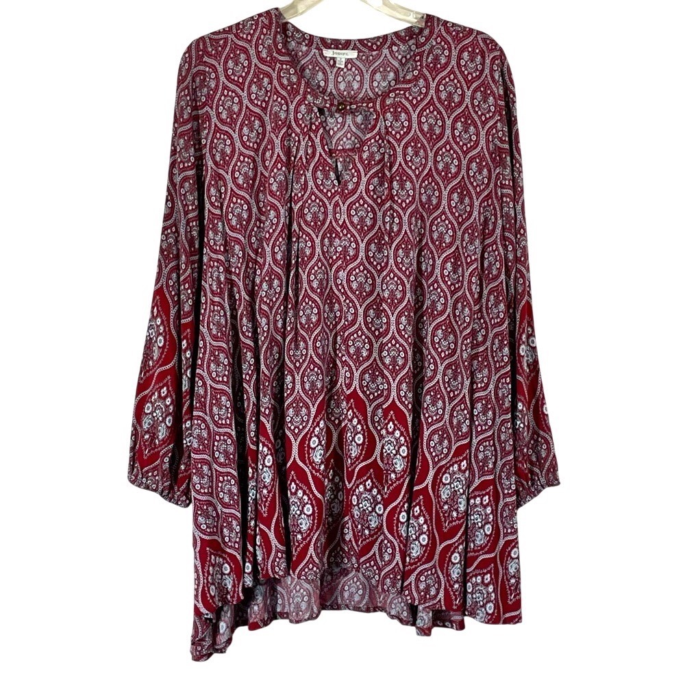 Jodifl Burgundy Medallion Paisley Print Split Neck Rayon Tunic Top J1296 ‎ S
